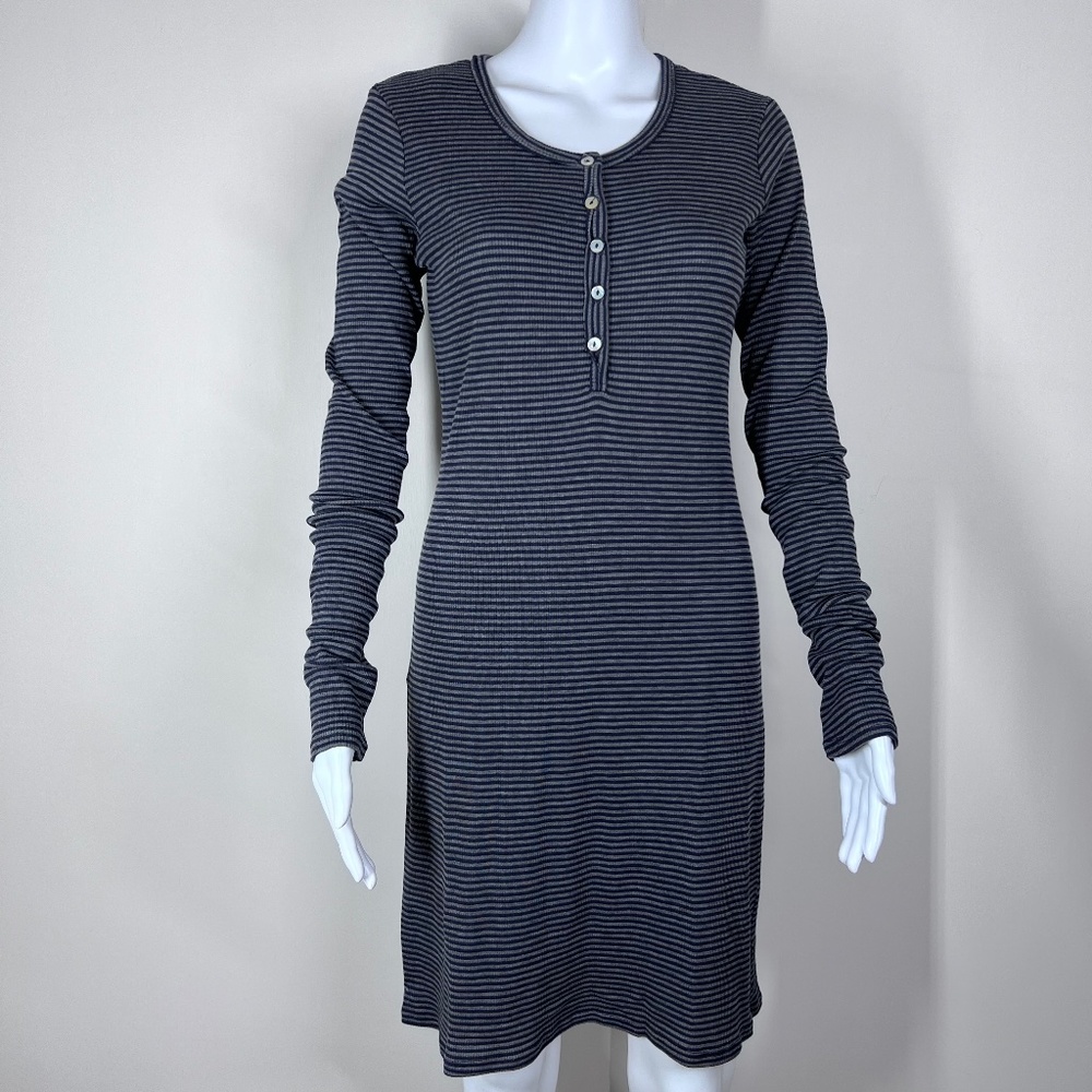 LA made Navy and Grey Striped Jersey Knit‎ Midi Long Sleeve shell Henley Dress